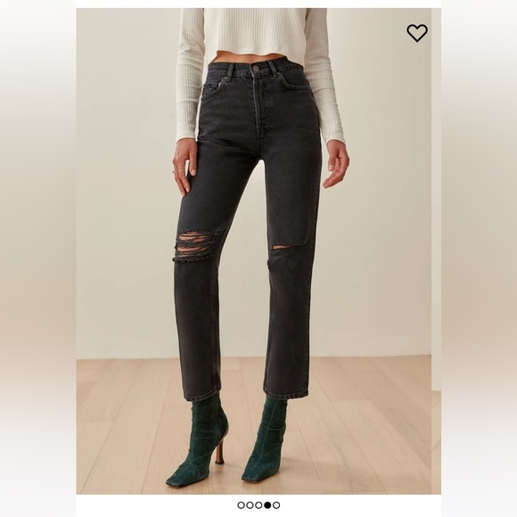 Reformation Denim - Reformation Cynthia High Rise Straight Jeans Black Ripped Size 27